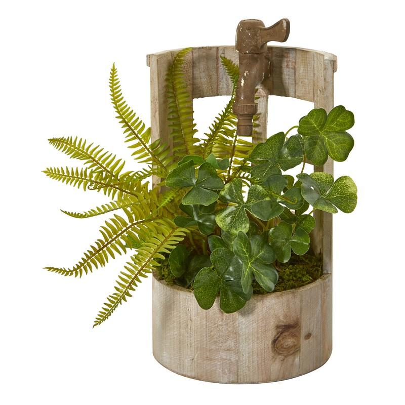 12" Clover and Fern Artificial Plant in Faucet Planter