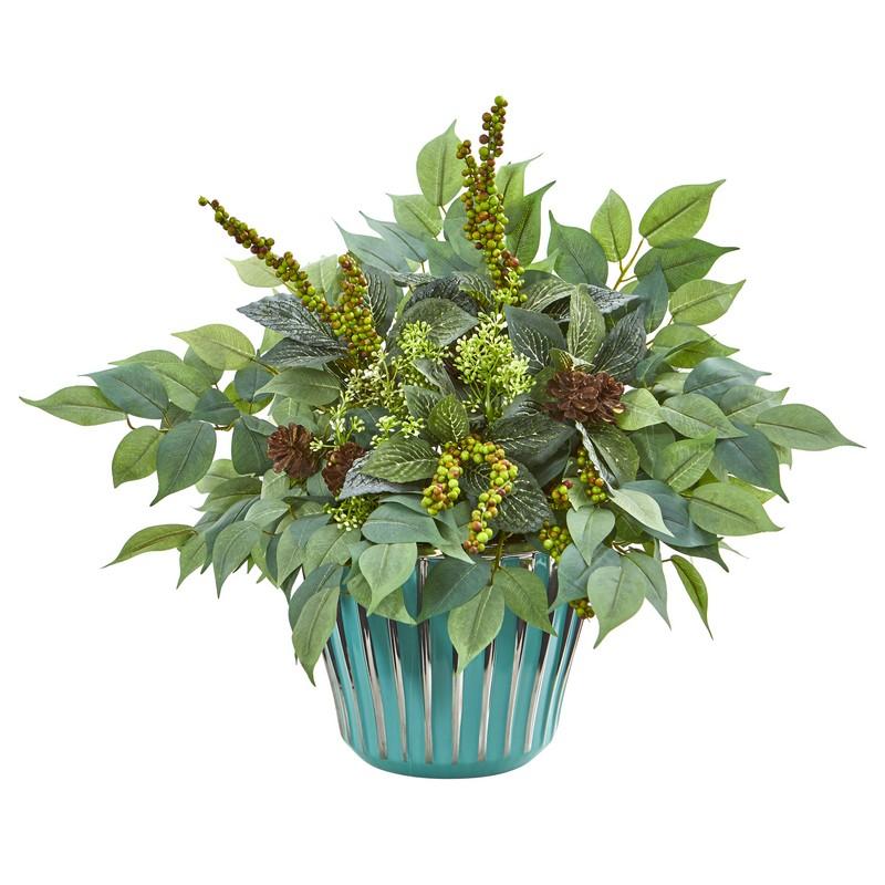 15" Mixed Fittonia and Ficus Artificial Plant in Turquoise Vase