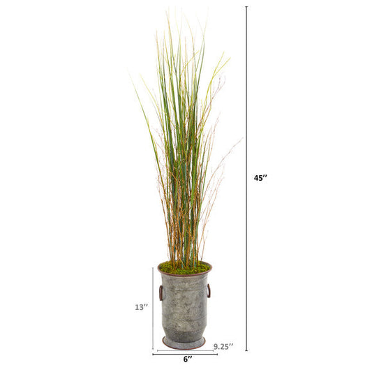 45" Grass and Bamboo Artificial Plant in Vintage Metal Planter