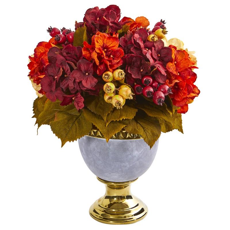16" Autumn Hydrangea Berry Artificial Arrangement in Decorative Urn
