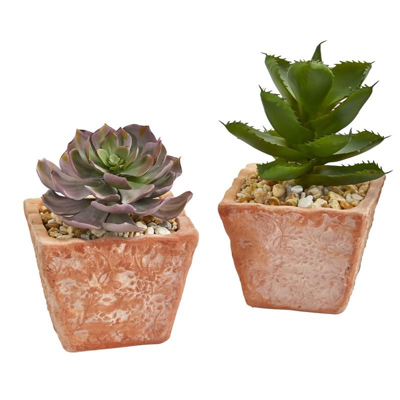 9" Mixed Succulent Artificial Plant in Terra Cotta Planter (Set of 2)