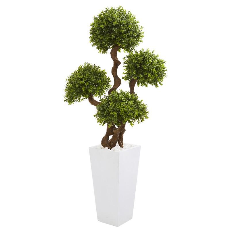 55" Four Ball Boxwood Artificial Topiary Tree in Tall White Planter