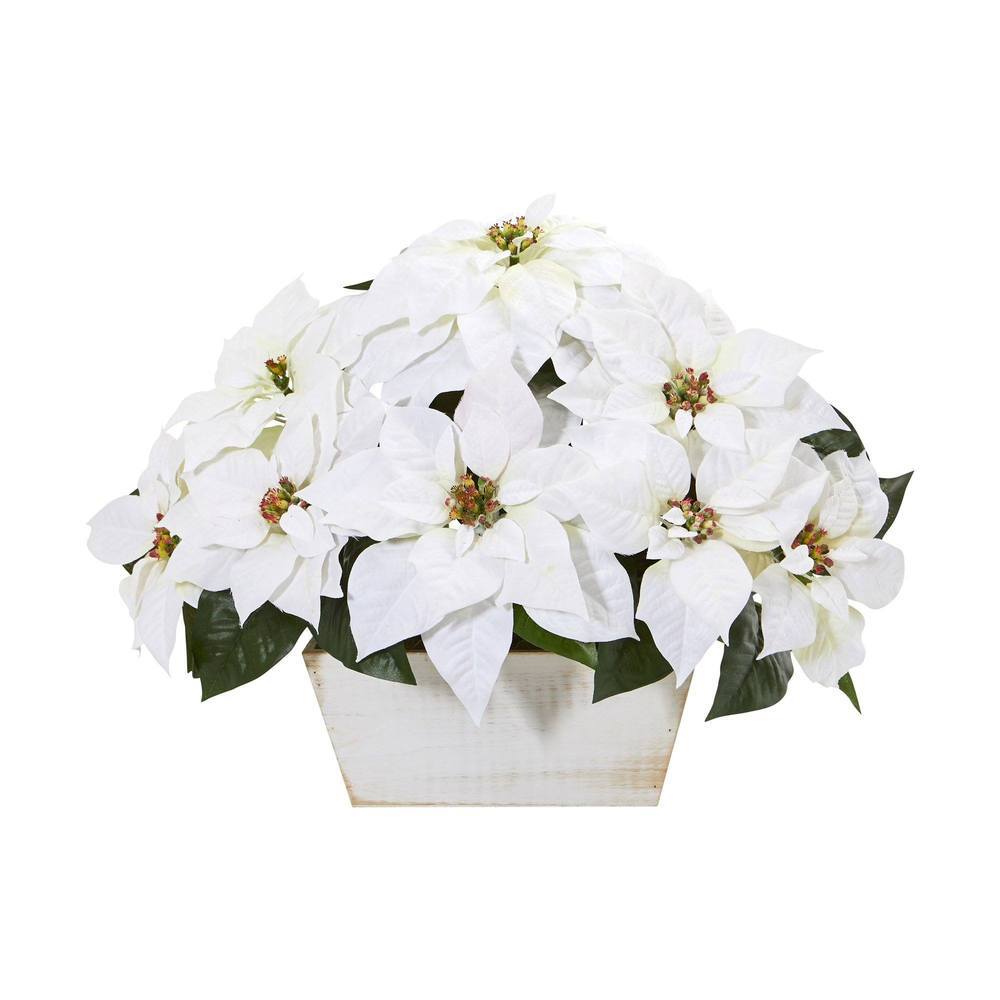 16" Poinsettia Artificial Arrangement in White Wash Planter