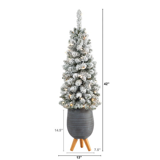 3.5' Flocked Pencil Artificial Christmas Tree w/ 50 Clear Lights & 132 Bendable