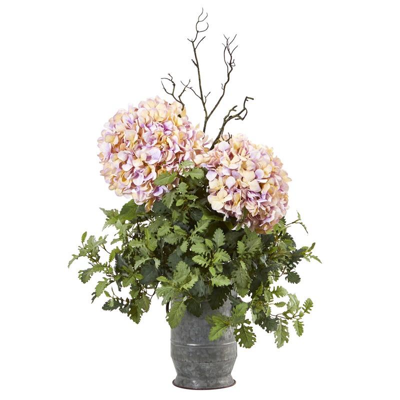 44" Hydrangea and Dusty Miller Artificial Plant in Metal Urn