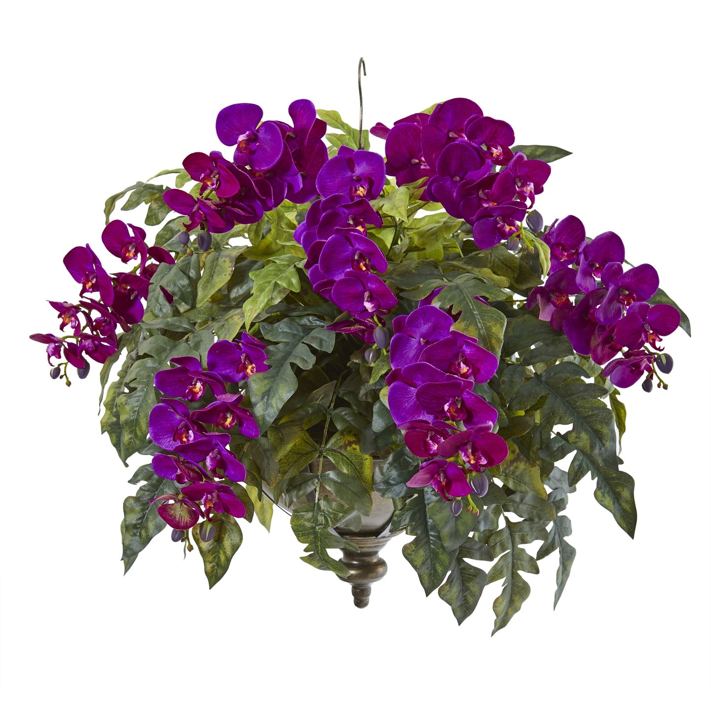 25" Phalaenopsis Orchid and Holly Fern Artificial Plant in Metal Hanging Bowl