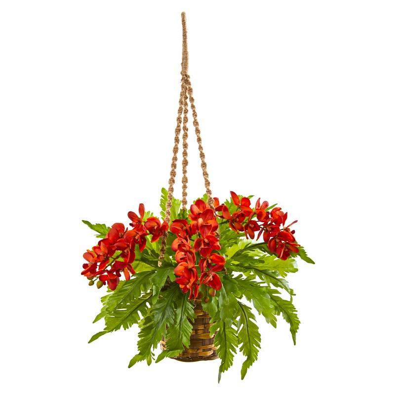 29" Phalaenopsis Orchid and Fern Artificial Plant in Hanging Basket