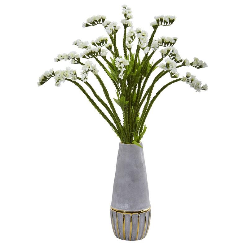 23" Baby Breath Artificial Arrangement in Oval Vase with Gold Trimming