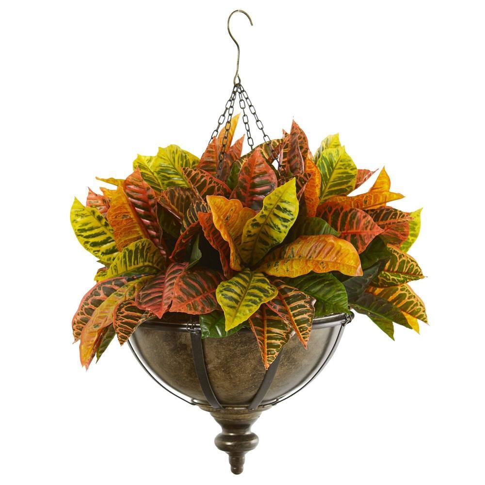 26" Garden Croton Artificial Plant in Hanging Metal Bowl (Real Touch)