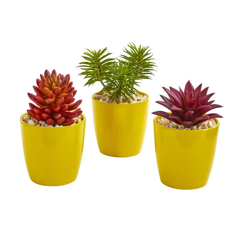 9" Mixed Succulent Artificial Plant in Yellow Vase (Set of 3)