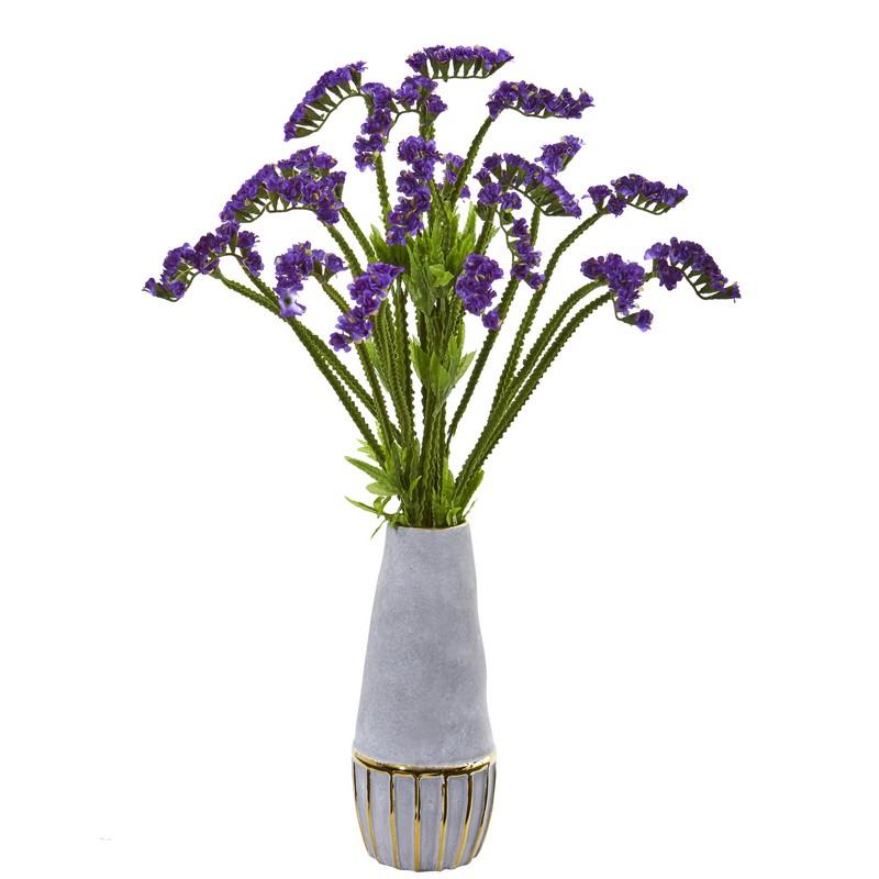 23" Baby Breath Artificial Arrangement in Oval Vase with Gold Trimming