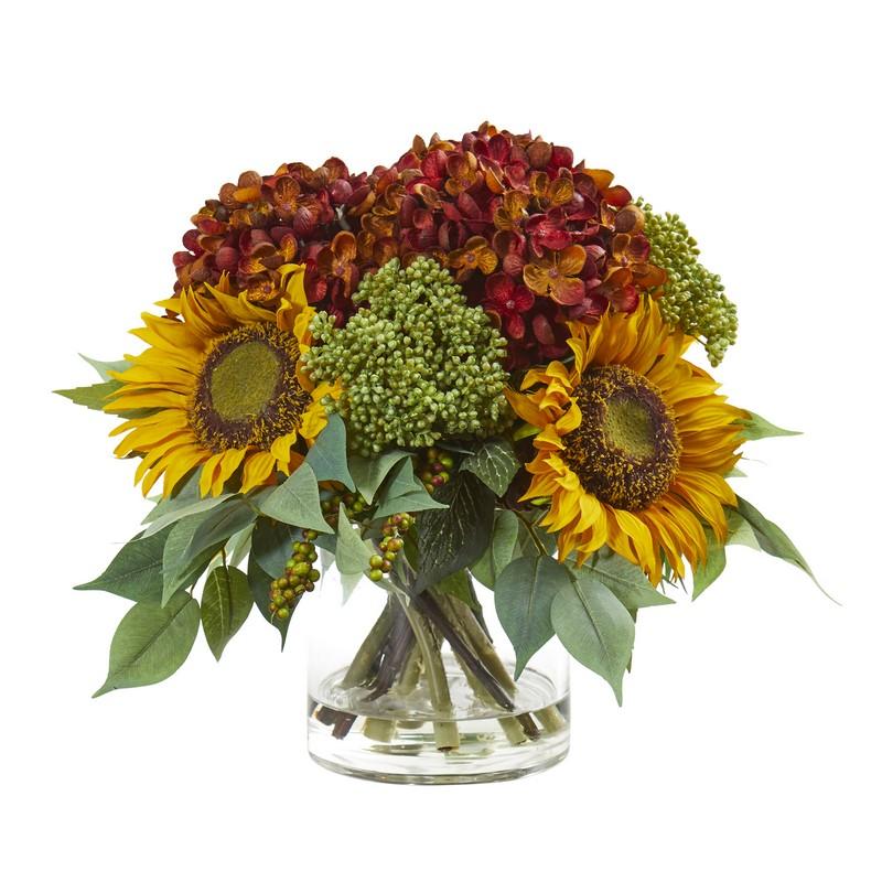 11" Sunflower and Hydrangea Artificial Arrangement