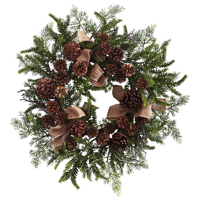 24" Pine & Pine Cone Wreath w/Burlap Bows