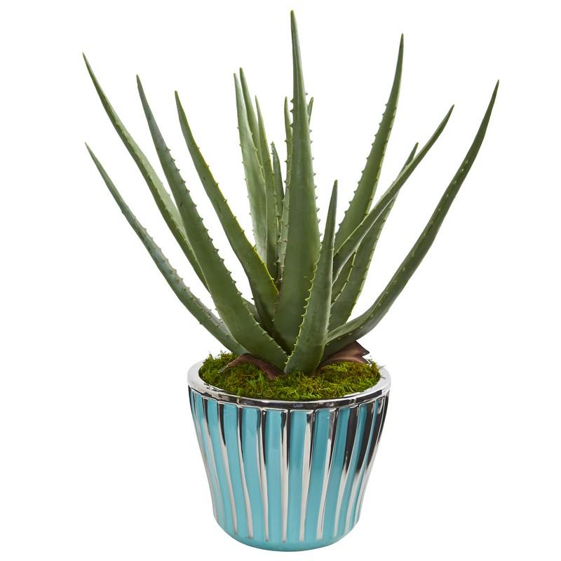 18" Aloe Artificial Plant in a Turquoise Planter