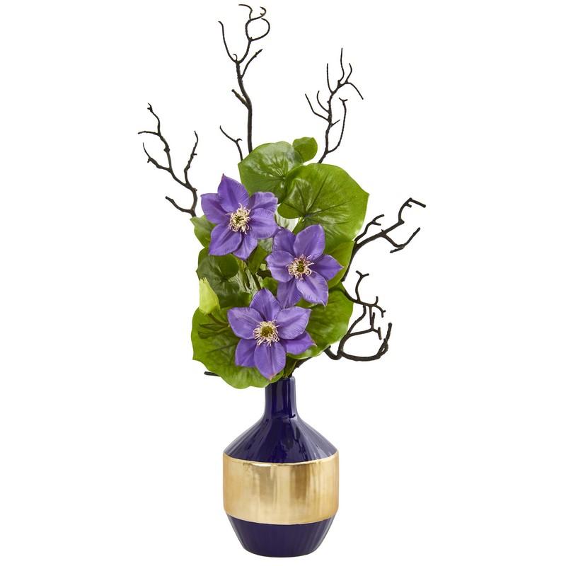 22" Anemone and Lotus Leaf Artificial Arrangement in Vase