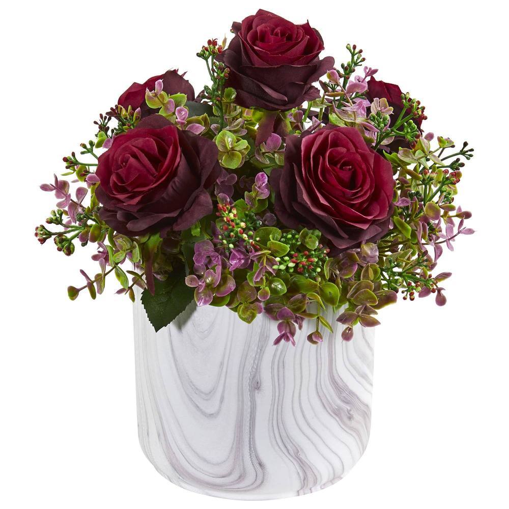 13" Roses & Eucalyptus Artificial Arrangement in Marble Finished Vase