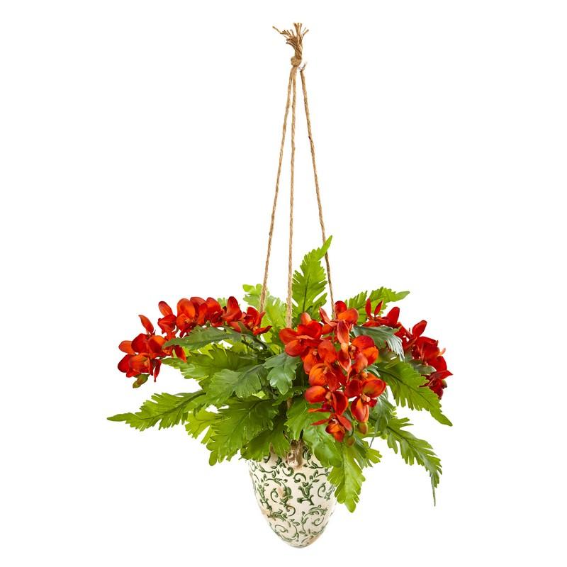 26" Phalaenopsis Orchid and Fern Artificial Plant in Hanging Vase
