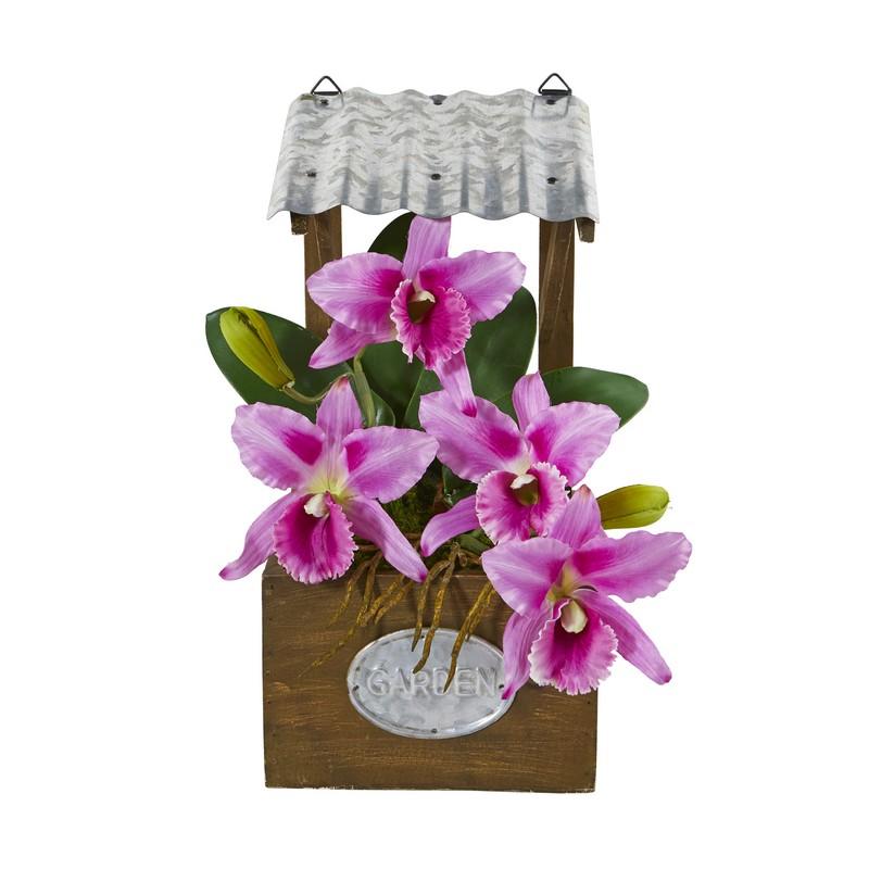 14" Cattleya Orchid Artificial Arrangement in Tin Roof Planter