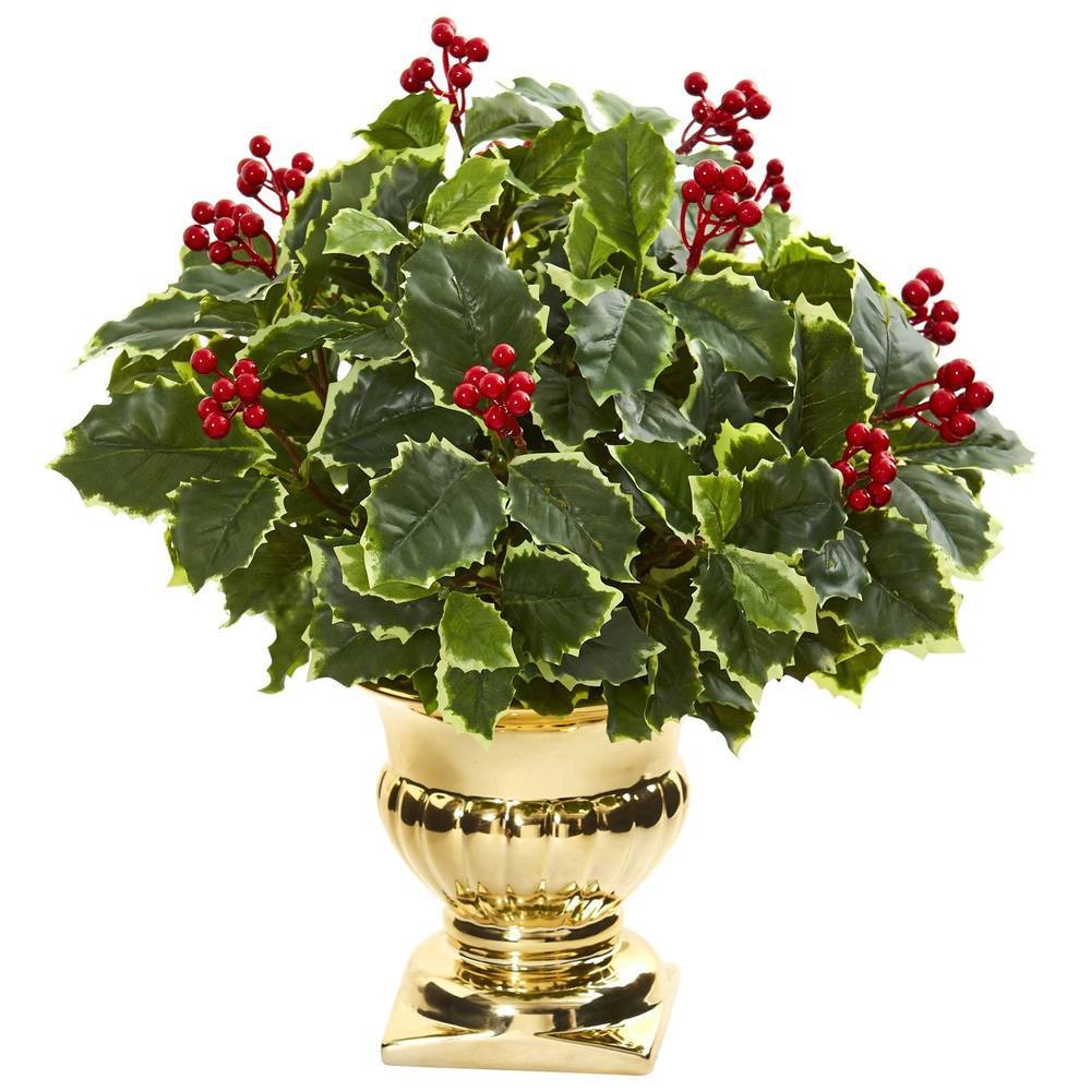 16" Holly Leaf Artificial Plant in Gold Urn (Real Touch)