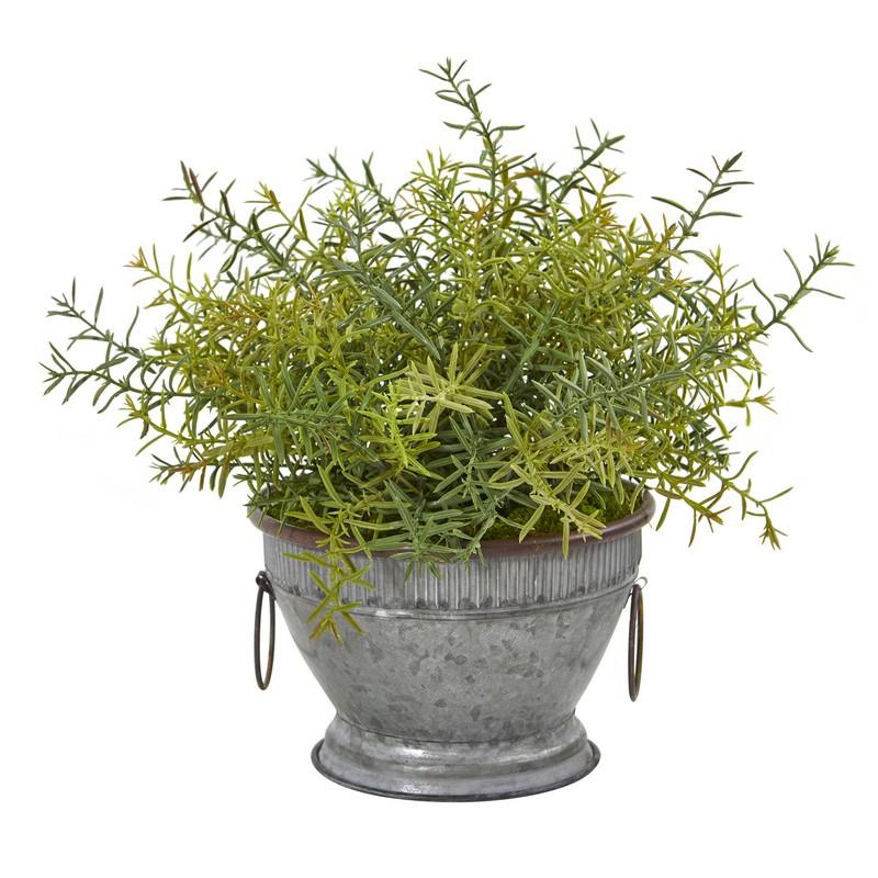 14" Rosemary Artificial Plant in Vintage Metal Bowl with Copper Trimming