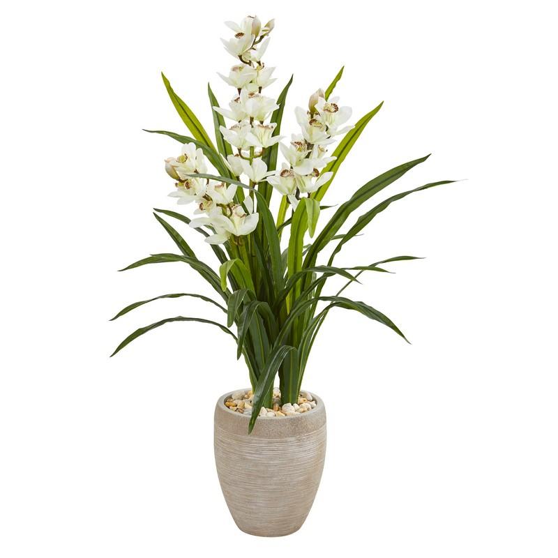 4" Cymbidium Orchid Artificial Plant in Sandstone Planter