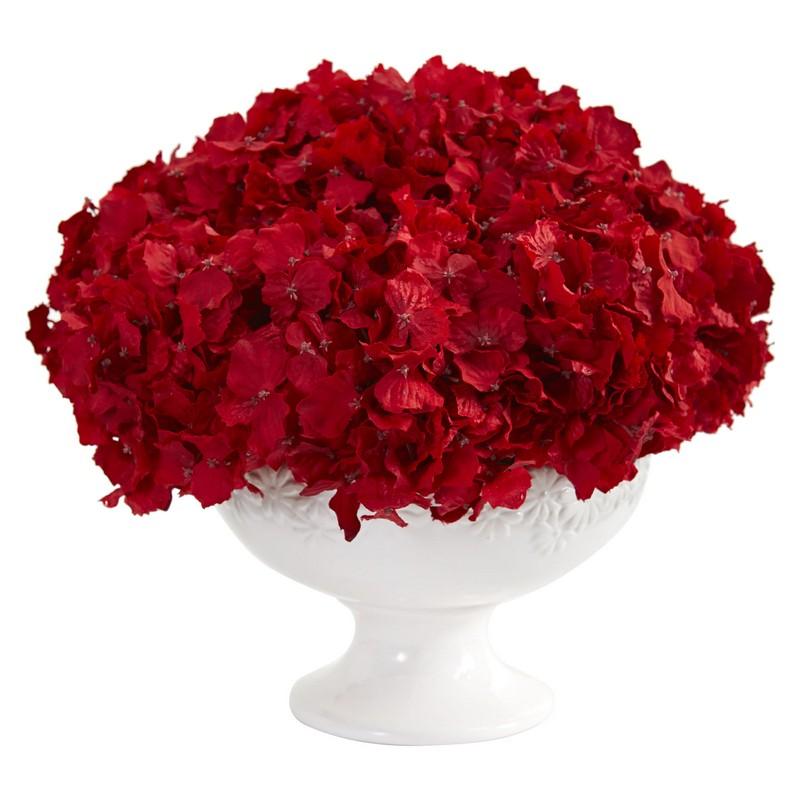 12" Red Hydrangea Artificial Arrangement in Pedestal Vase