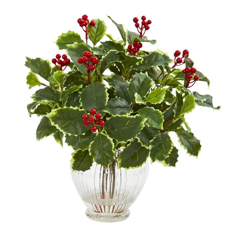 15" Variegated Holly Leaf Artificial Plant in Vase (Real Touch)