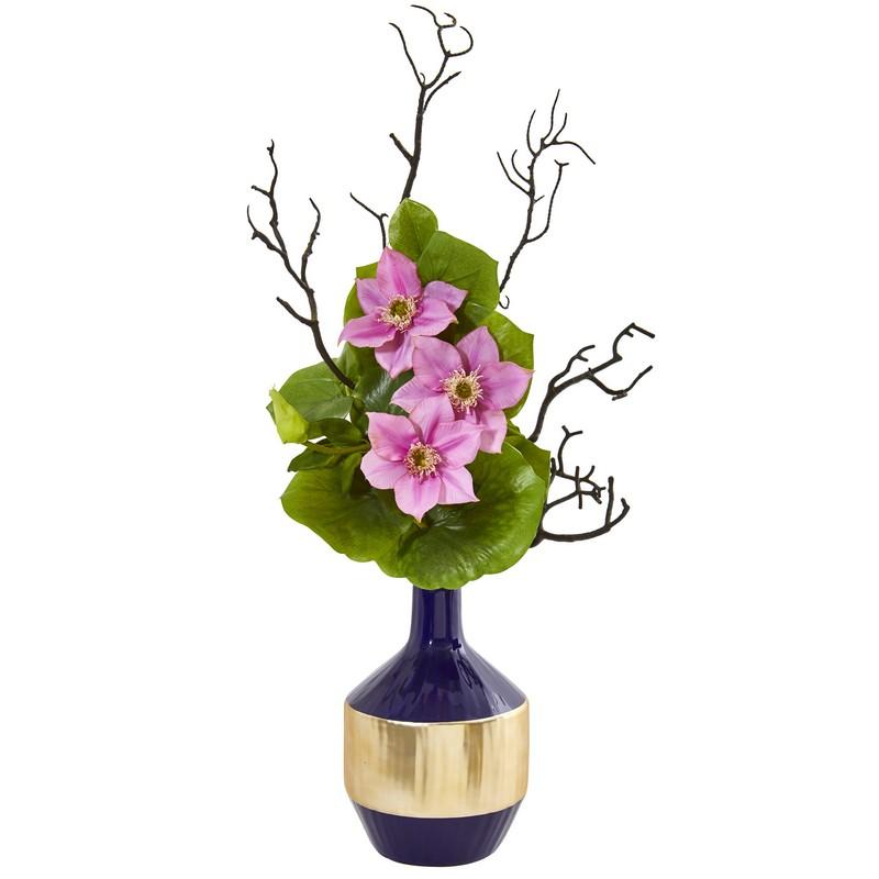 22" Anemone and Lotus Leaf Artificial Arrangement in Vase