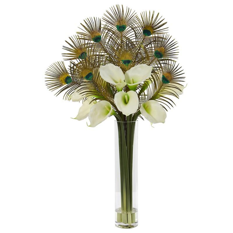 36" Peacock and Calla Lily Artificial Arrangement in Cylinder Glass