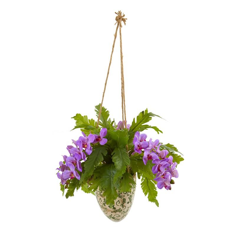 26" Phalaenopsis Orchid and Fern Artificial Plant in Hanging Vase