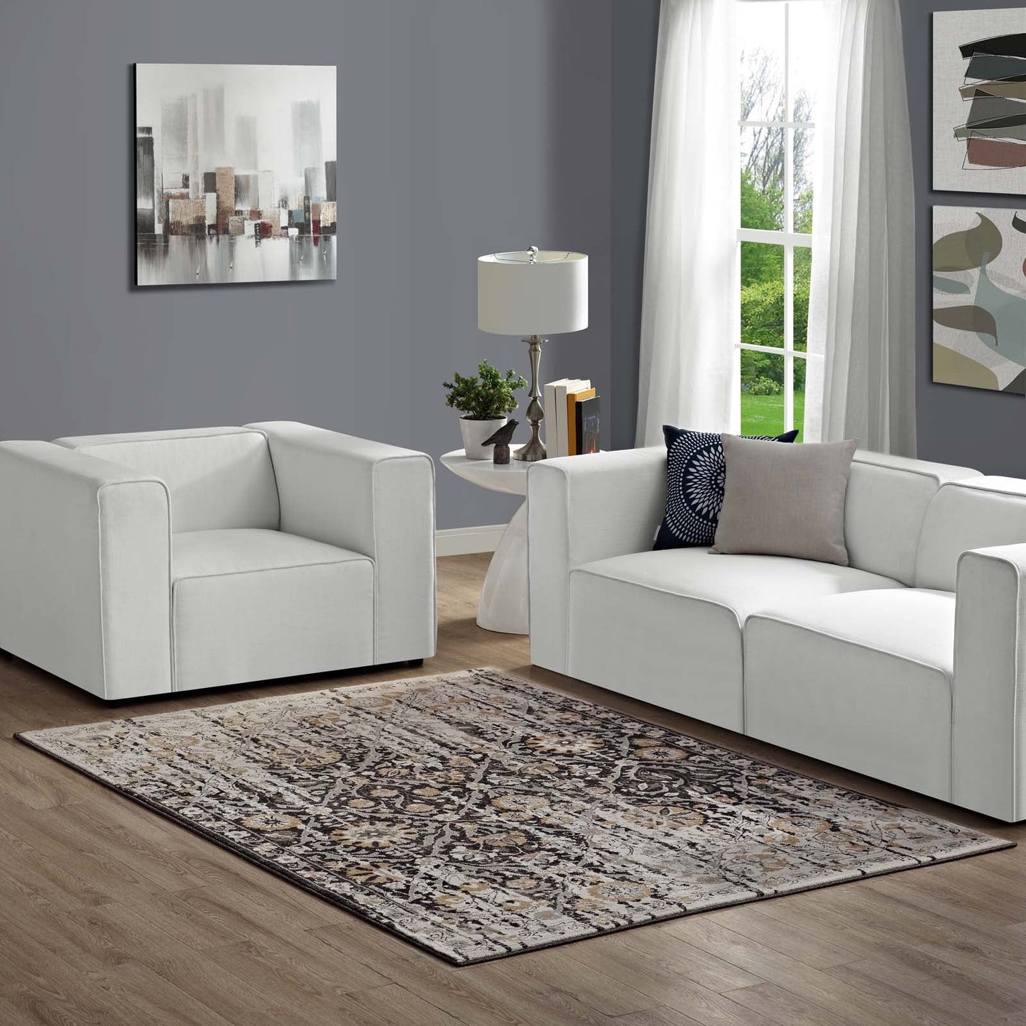 Ganesa Distressed Diamond Floral Lattice 5x8 Area Rug by Modway