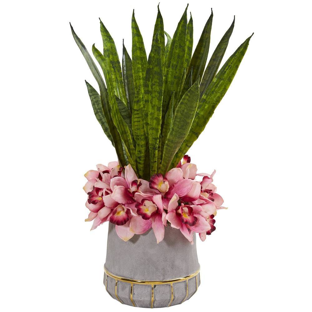 25" Cymbidium Orchid and Sansevieria Artificial Arrangement in Vase