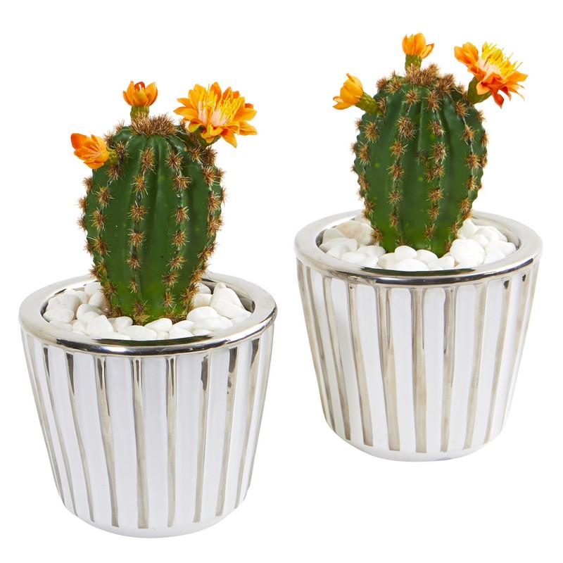 8" Flowering Cactus Artificial Plant in Decorative Planter (Set of 2)