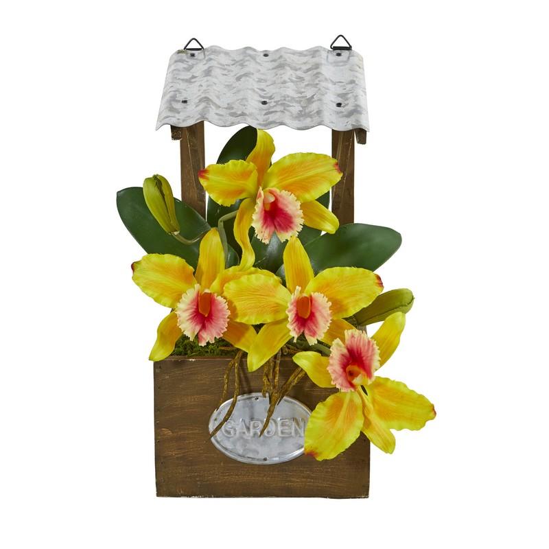 14" Cattleya Orchid Artificial Arrangement in Tin Roof Planter