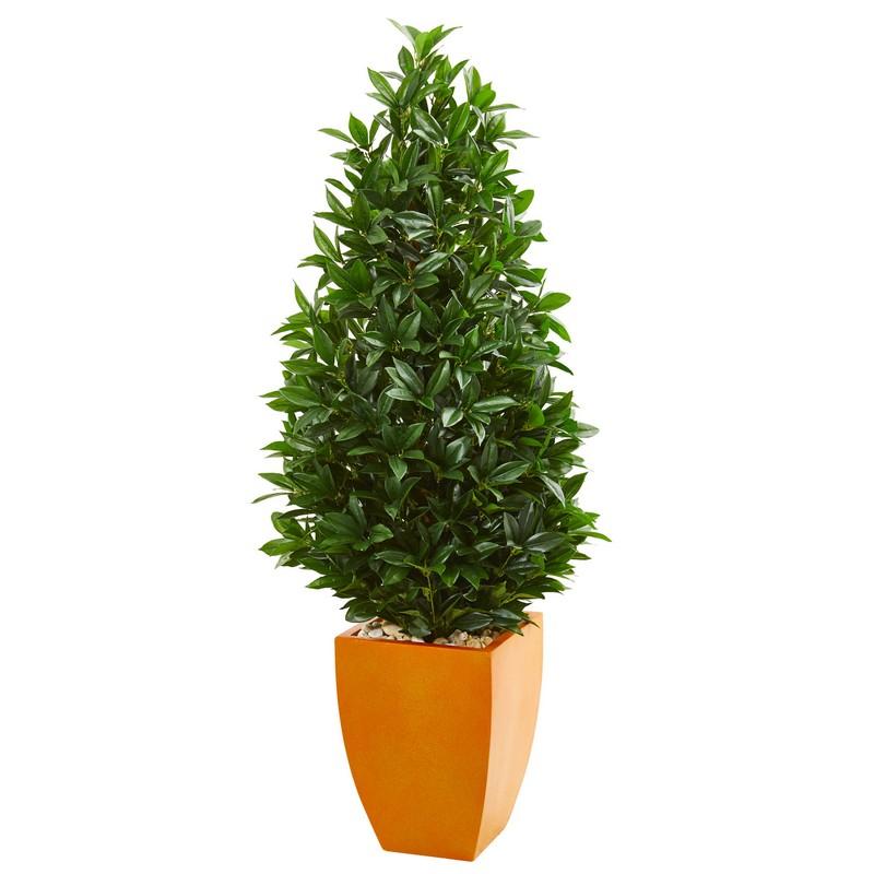 57" Bay Leaf Artificial Topiary Tree in Orange Planter UV Resistant