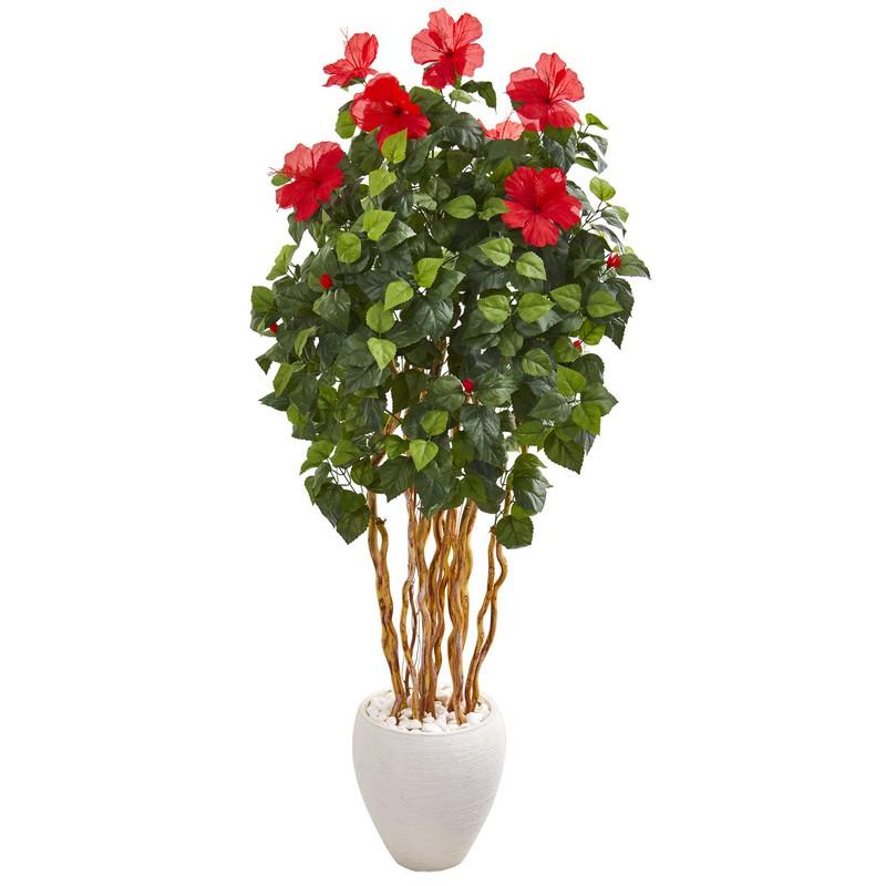 63" Hibiscus Artificial Tree in White Planter