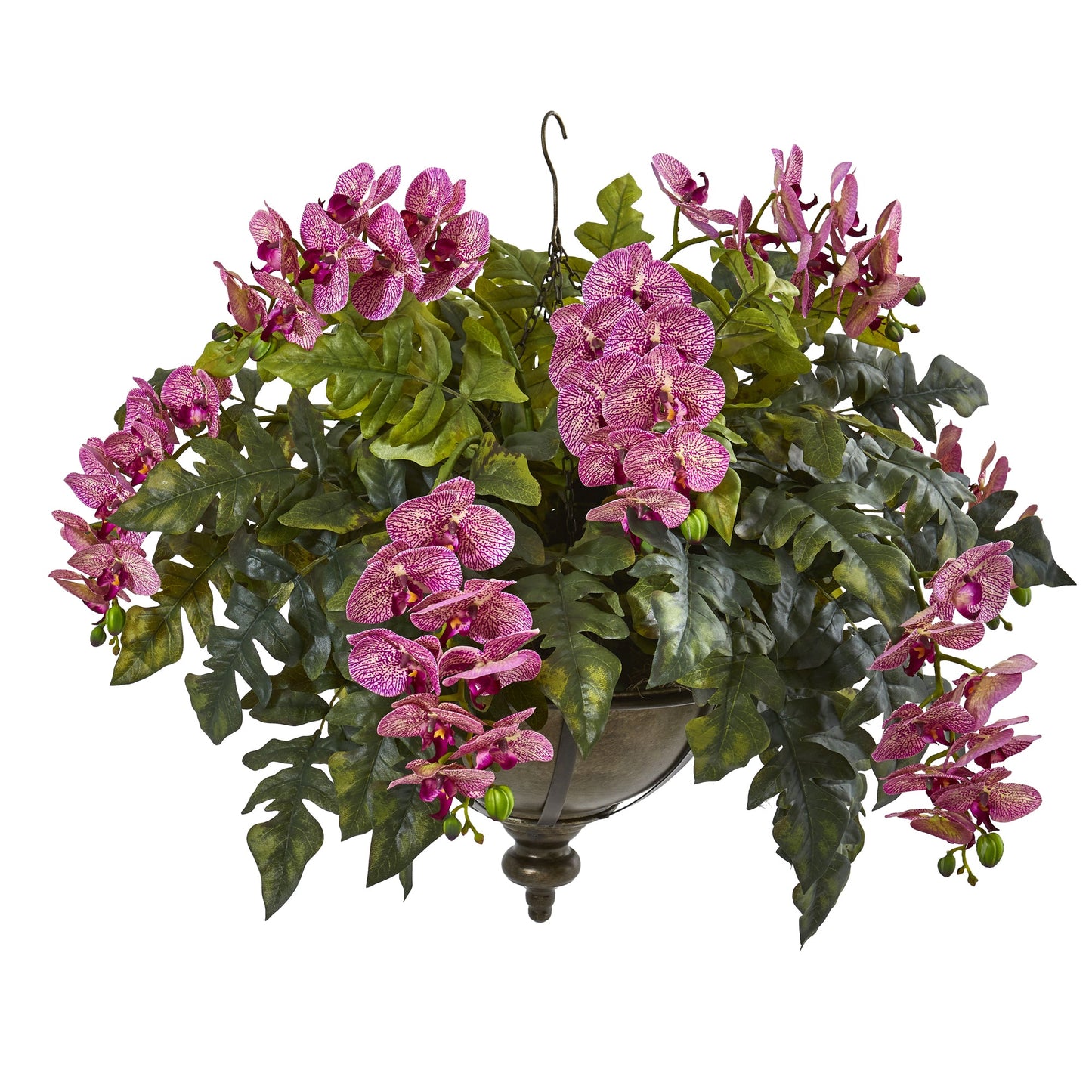 25" Phalaenopsis Orchid and Holly Fern Artificial Plant in Metal Hanging Bowl