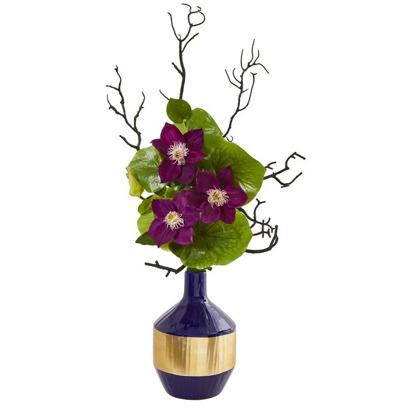 22" Anemone and Lotus Leaf Artificial Arrangement in Vase