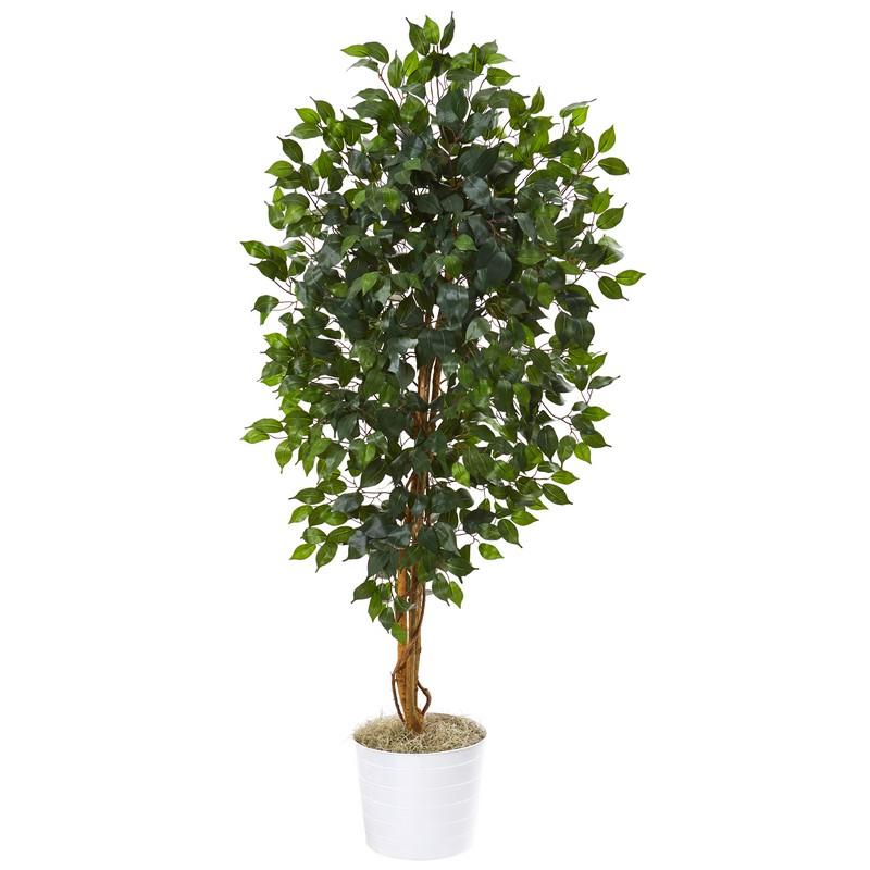 65" Ficus Artificial Tree in White Tin Planter