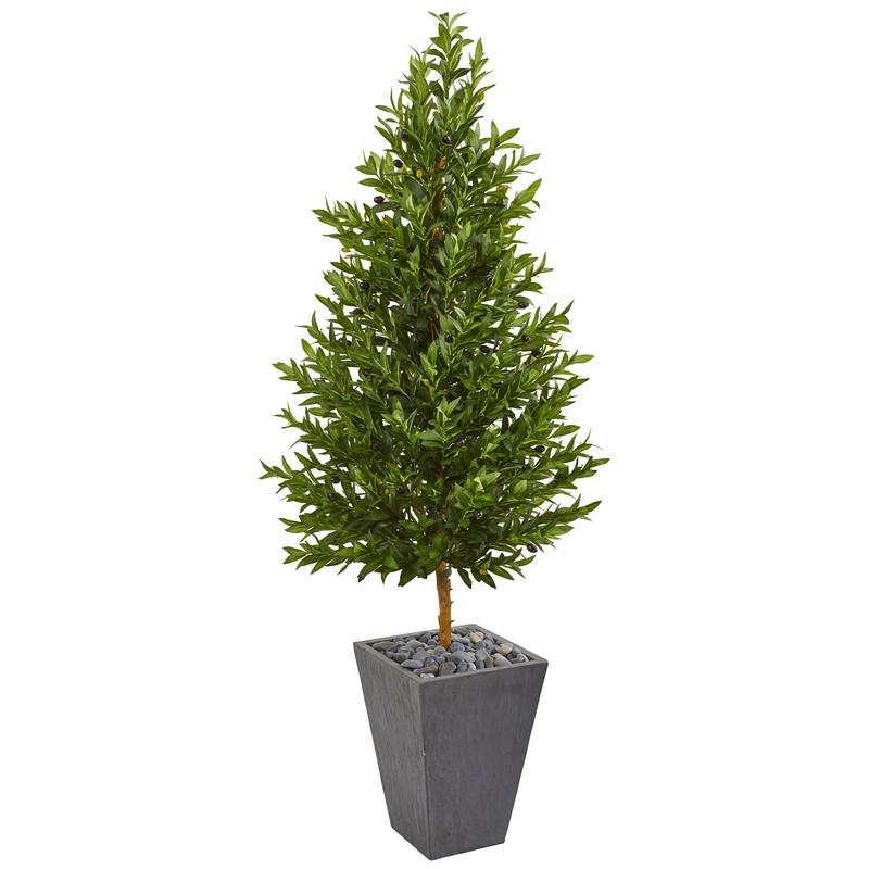 67" Olive Cone Topiary Artificial Tree in Slate Planter UV Resistant