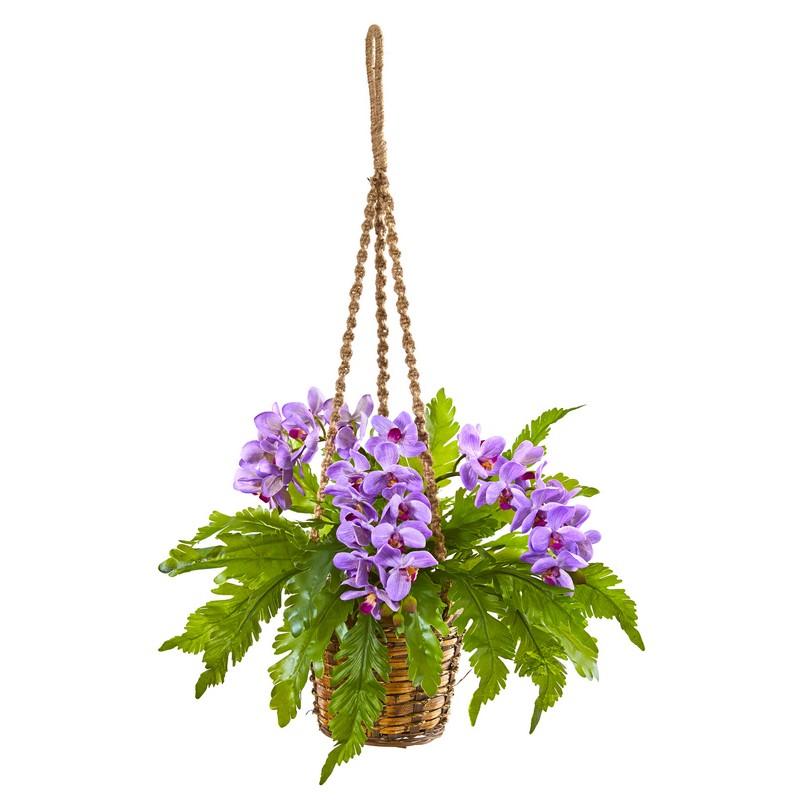 29" Phalaenopsis Orchid and Fern Artificial Plant in Hanging Basket