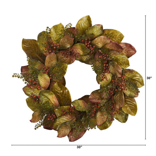30" Fall Magnolia Leaf and Berries Artificial Wreath