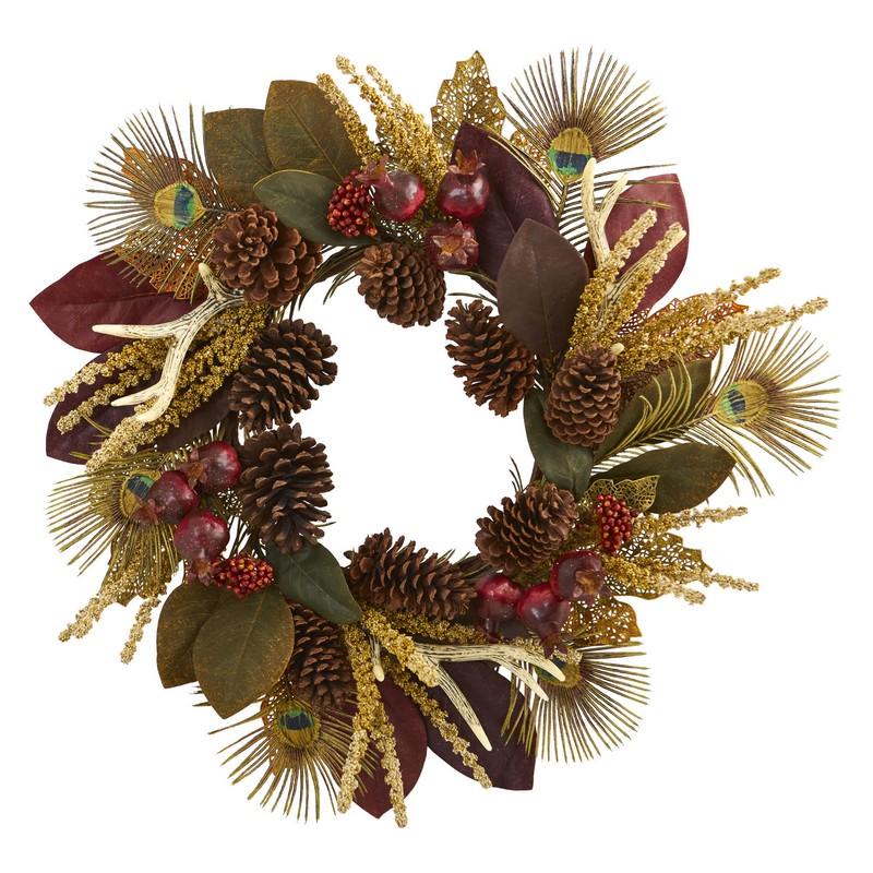 27" Magnolia Leaf, Berry, Antler and Peacock Feather Artificial Wreath