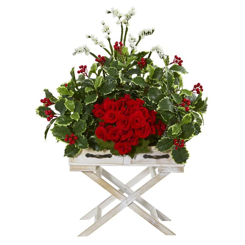 28" Begonia and Holly Leaf Artificial Arrangement in Drawer Planter