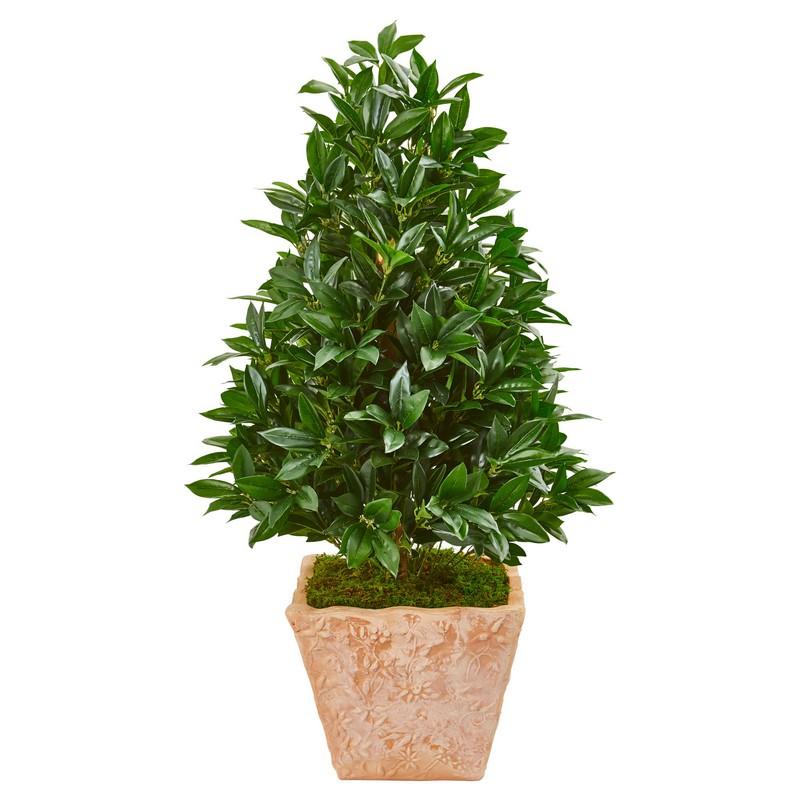 39" Bay Leaf Cone Topiary Artificial Tree in Terra Cotta Planter UV Resistant