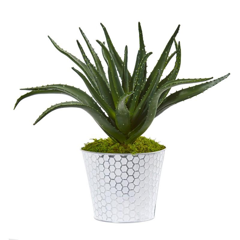 14" Aloe Artificial Plant in White and Tin Embossed Planter