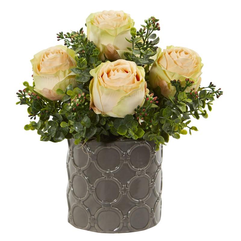 11" Roses and Eucalyptus Artificial Arrangement in Designer Vase