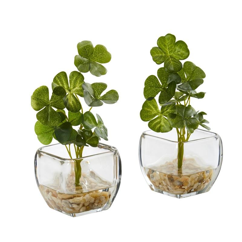 9" Clover Artificial Plant in Glass Planter (Set of 2)