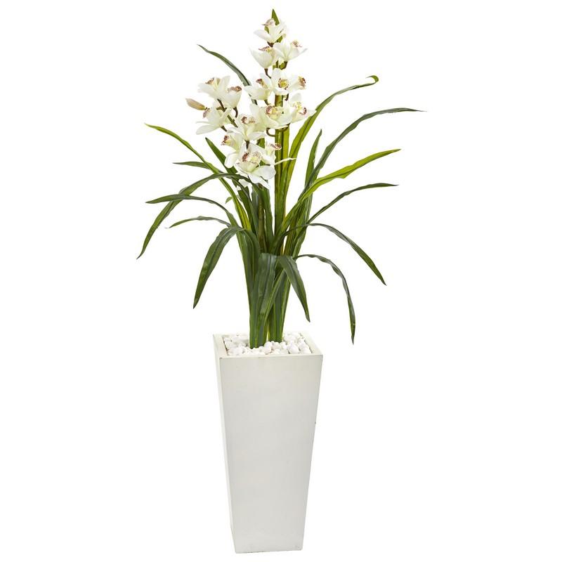 50" Cymbidium Orchid Artificial Plant in White Tower Planter