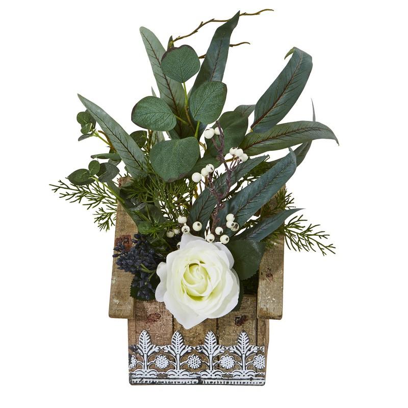 16" Rose and Eucalyptus Artificial Arrangement in Hanging Floral Design